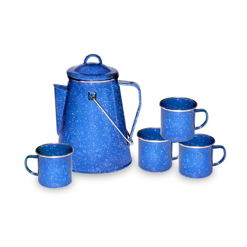 Enamel Percolator Coffee Pot & 4 Mug Set - White - Stansport
